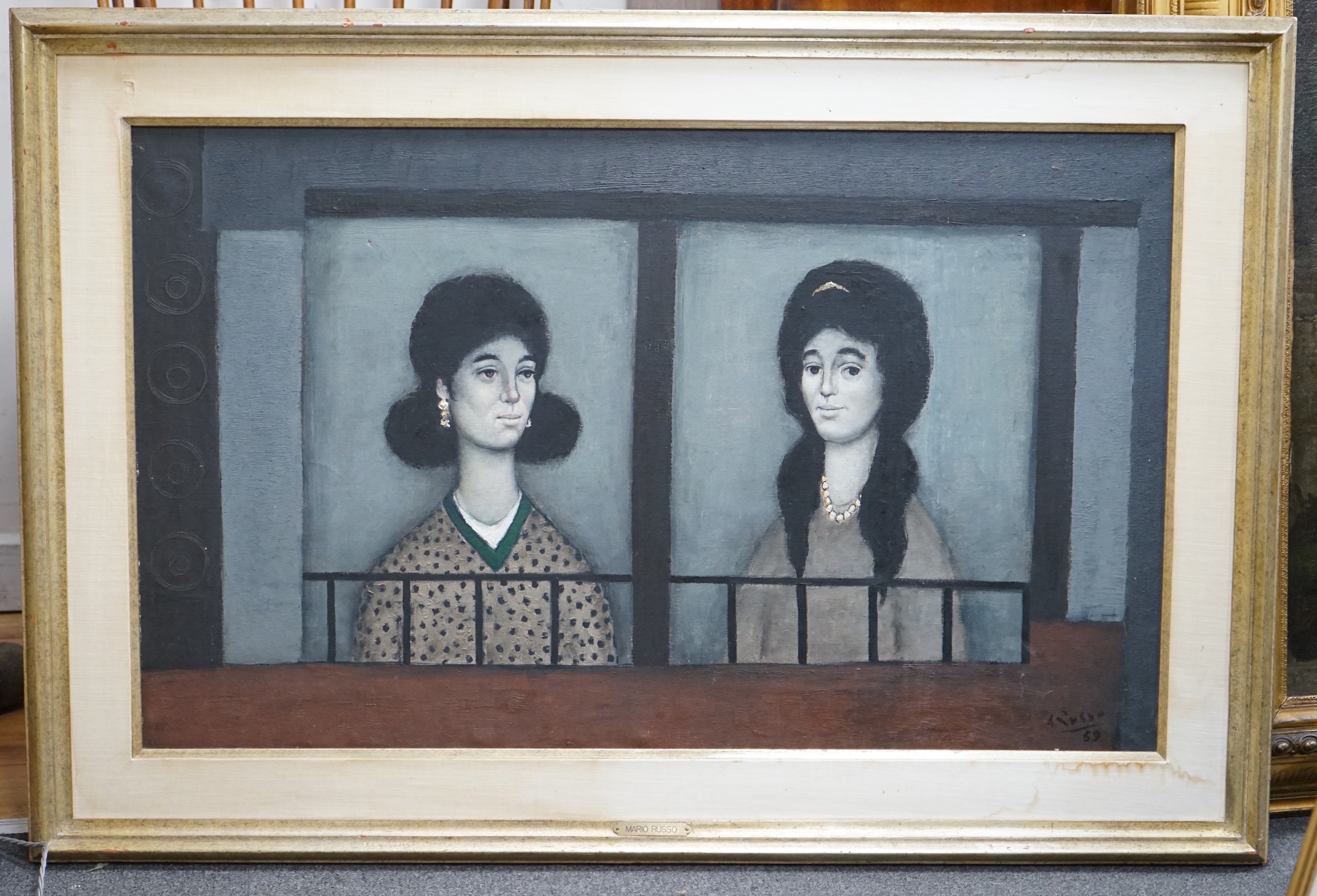 Mario Russo (1925-2000), oil on canvas, 'Le Due Sozelle', signed and dated '59 and inscribed verso, 61 x 100cm
